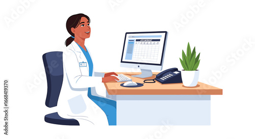 A smiling female doctor sits at her desk, using a computer and managing her schedule.