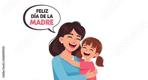 A cartoon illustration of a mother and daughter embracing and celebrating.
