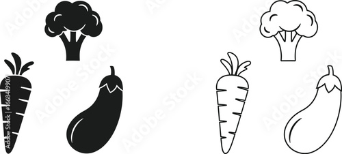 Simple icons of healthy vegetables, broccoli, carrot, and eggplant, presented in solid black and outline styles.