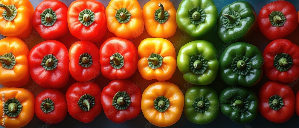 Fototapeta premium Rows of vibrant mini sweet bell peppers arranged in a colorful gradient from red to orange to green