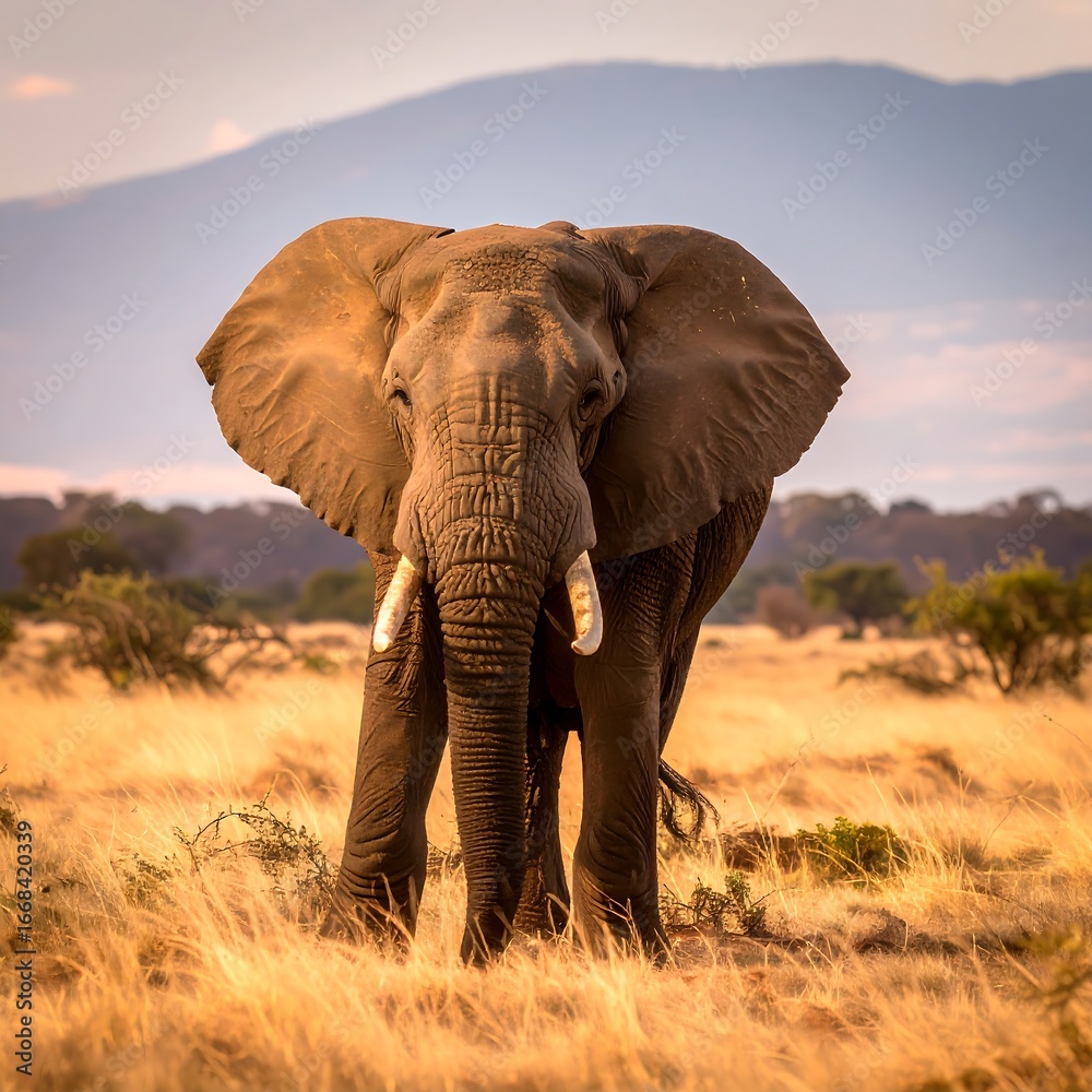 Fototapeta premium Majestic African elephant stands proudly in golden savanna, showcasing intricate skin texture and tusks against a backdrop of distant mountains.