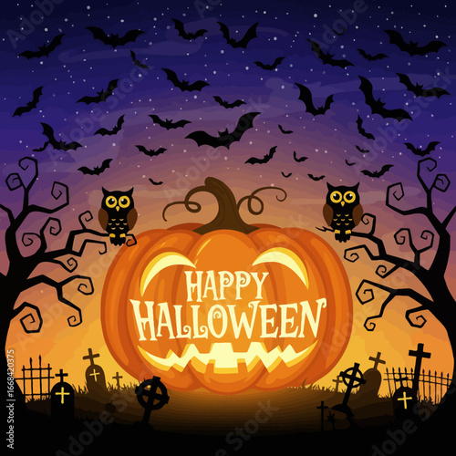 Happy Halloween Pumpkin Jack O Lantern Bats Owls
