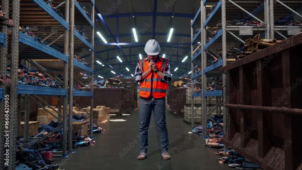 Full Body Of Asian Male Engineer With Safety Helmet Pray For Something While Standing, Industrial Scrap Metal and Recycling Warehouse Full Body Of Asian Male Engineer With Safety Helmet Pray For Something While Standing, Industrial Scrap Metal and Recycling Warehouse