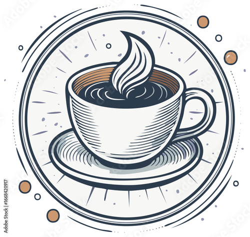 Vintage coffee cup illustration in a circular emblem with swirling steam
