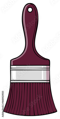 Paintbrush with plum colored bristles and a hole in the handle for hanging it on the wall in a studio or home workshop