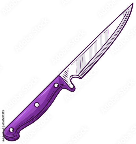 Illustration of a cooking knife with shiny silver blade and purple handle for food preparation needs
