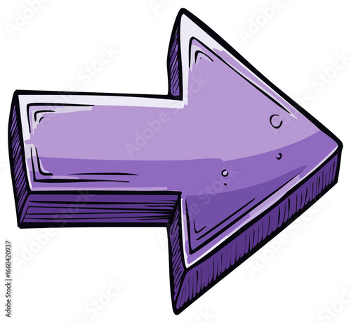 Hand drawn purple arrow pointing right in a three dimensional sketch style illustration