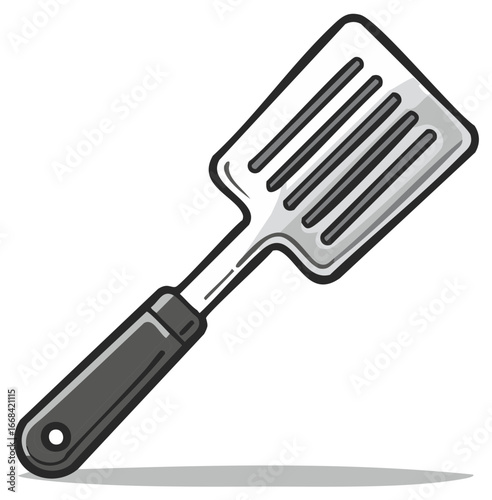 Grey Slotted Kitchen Spatula Cooking Utensil Simple Cartoon Style Illustration