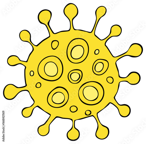 Cartoon image of round Coronavirus with spiky extensions and circular features, yellow
