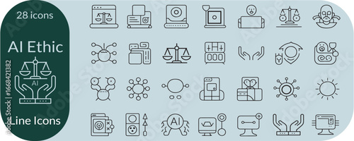 Ai ethics line editable icons set. Containing fairness, transparency, guidelines, artificial intelligence, ethical dilemma, explainable AI, and more. editable stroke. vector 