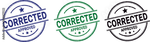 Set of three colorful corrected and approved rubber stamps for documents
