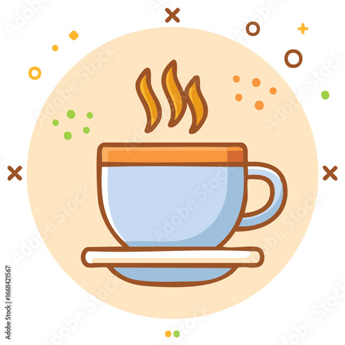 Cute cartoon icon of a steaming hot cup of coffee or tea on a saucer