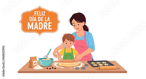 A mother and child baking together, celebrating Mother's Day with cookies.