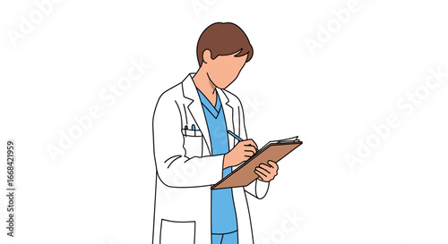 A doctor in a white coat taking notes on a clipboard, standing.