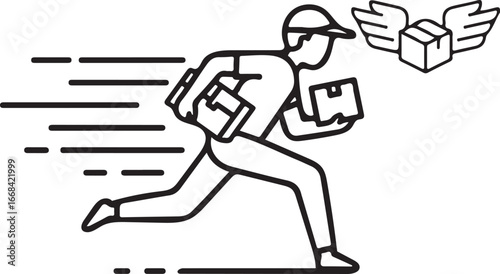Fast Delivery Courier Running with Packages: Line Art Illustration, Urgent Shipping Concept