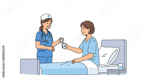 A nurse giving a patient medicine and water in a hospital room.