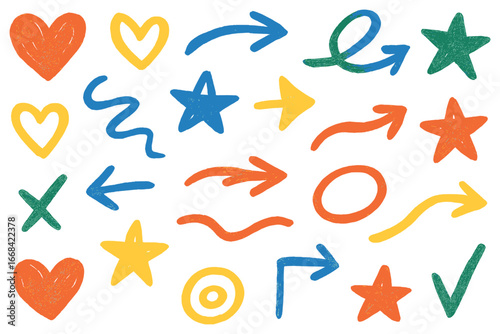 Colorful doodle symbols vector: playful arrows, hearts, stars for creative designs