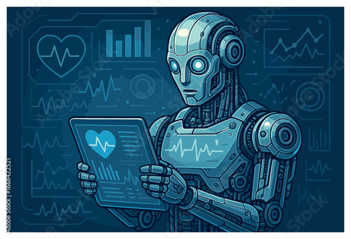 Futuristic robot vector: ai technology, robotics, and modern innovation in healthcare analysis