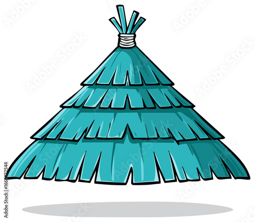 Vibrant Teal Cartoon Thatch Roof Illustration for Tropical Summer and Beach Concepts