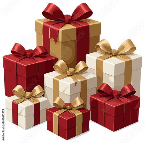 Festive gift box arrangement vector: elegant holiday present display with red and gold bows