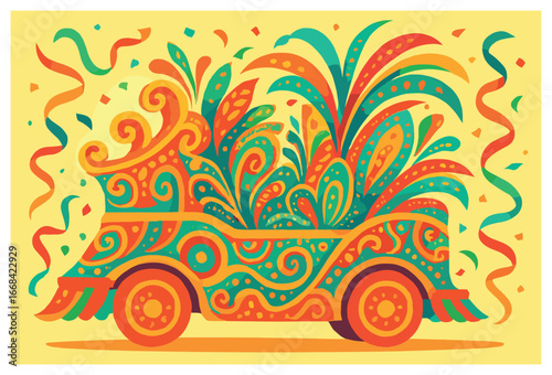 Colorful carnival parade float vector: festive, vibrant, decorative holiday concept design