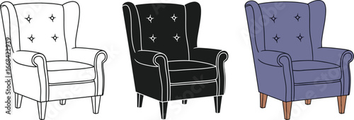 Classic wingback armchair in three distinct styles: sketch, silhouette, and color