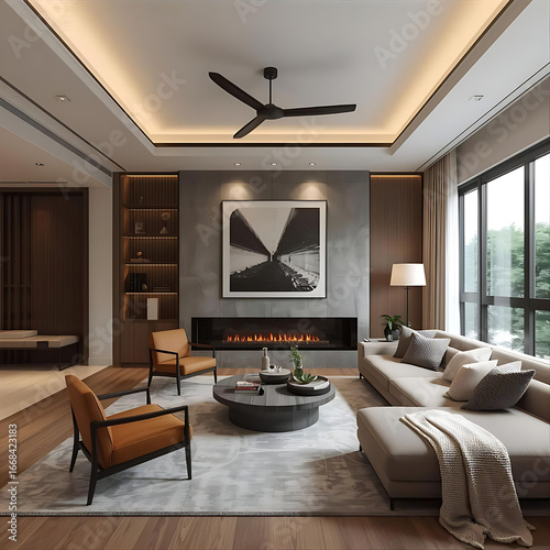 Contemporary Open-Concept Living Area with Dark Furniture
