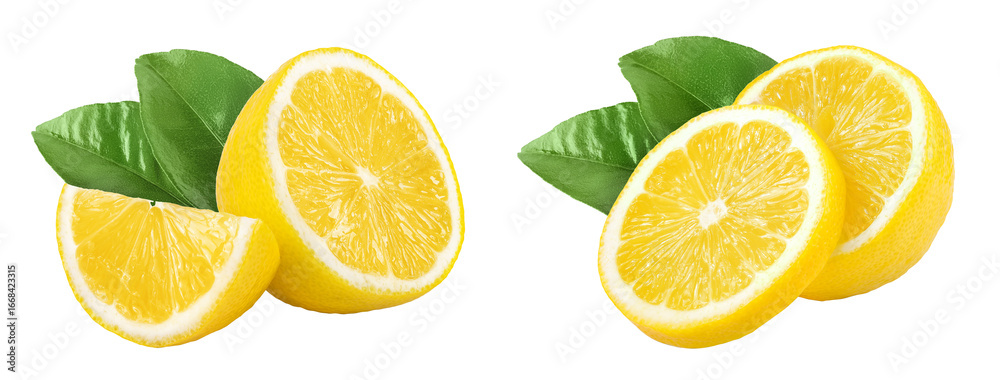 Fototapeta premium Ripe lemon half and slice isolated on white background with full depth of field.