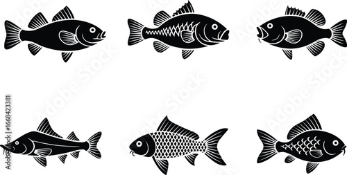 Fish silhouette vector illustration set, freshwater fish icons collection, fishing design artwork, aquatic animal graphic, marine food symbol, seafood concept decorative design