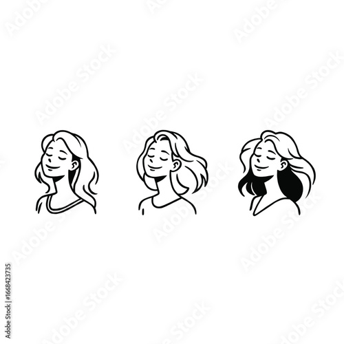 Vector set of three minimalist line art illustrations of a smiling woman with flowing hair, perfect for logos, icons, posters, and modern graphic design projects