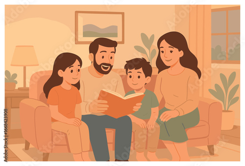 Family reading time vector: cozy togetherness, bonding, education, homeschooling, parenting