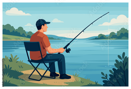 Serene lakeside fishing vector: peaceful angler scene at calm lake for relaxation and nature lovers