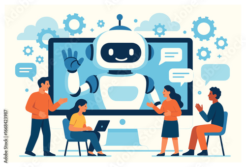 Futuristic collaborative workspace vector: ai, innovation, and technology in team interactions