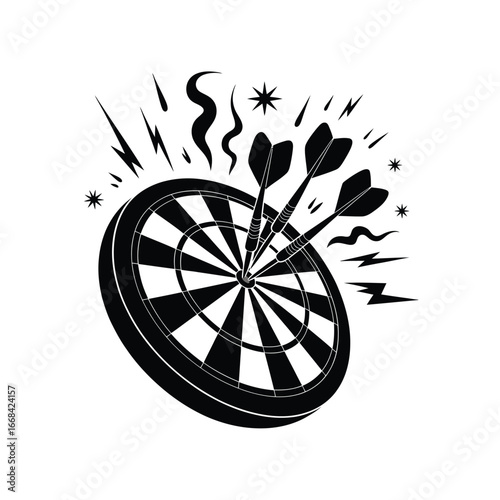 Black and white illustration of darts hitting a dartboard with a splash effect