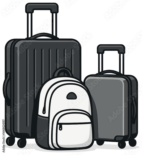 Monochrome travel bags vector: stylish luggage, suitcases, backpacks for minimalist travel
