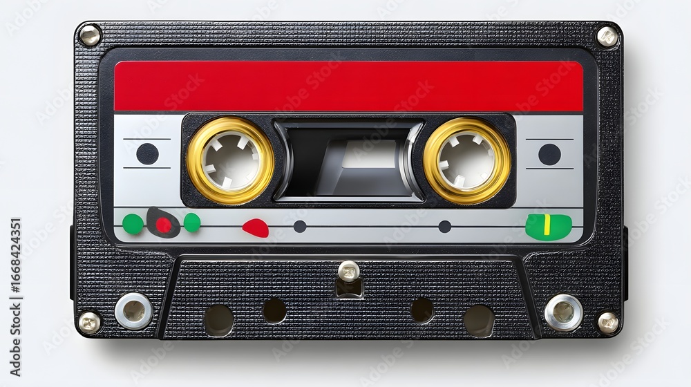 Fototapeta premium Vintage Audio Cassette Tape with Colorful Buttons and Metallic Elements on White Background