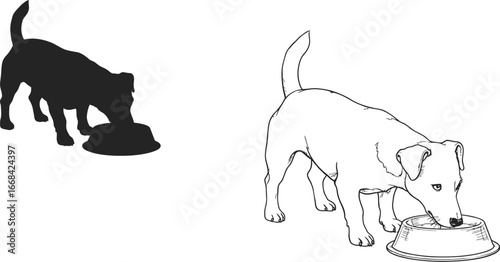 A playful terrier drinks from its food bowl, depicted in both silhouette and line art.