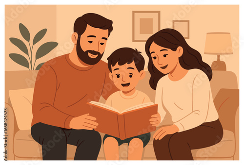 Family reading time vector: cozy parents and child bonding over stories at home