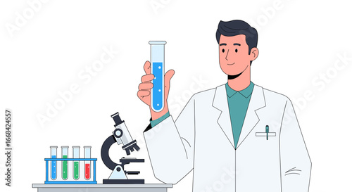 A smiling scientist examines a test tube of blue liquid, using a microscope and other lab equipment.