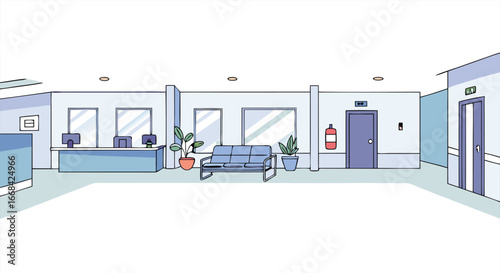 Modern office lobby interior design with waiting area and elevators
