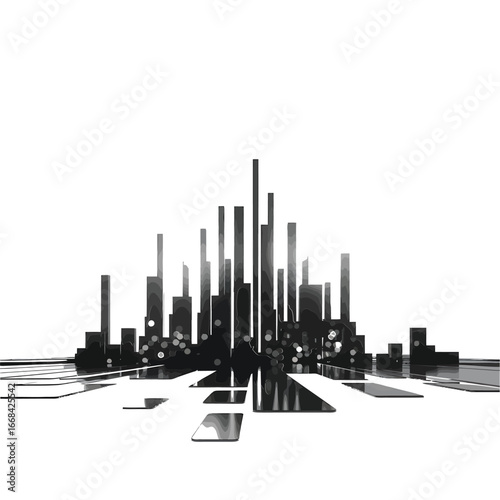 Abstract futuristic cityscape with tall skyscrapers on a white background