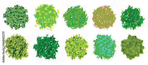 Tree top view set. Vector watercolor of blooming tree top view isolated on white background for landscape plan and architecture drawing. Foliage sketches for professional design.  Flowers in spring