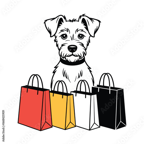 Cute terrier dog with colorful shopping bags illustration