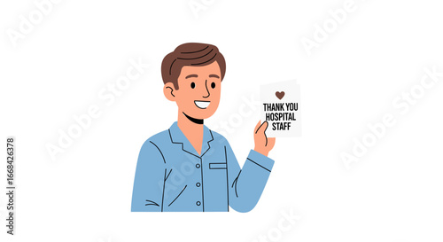 A smiling man in pajamas holds a "Thank You Hospital Staff" card with a heart.
