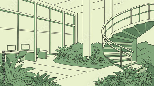 Illustration of office interior with spiral staircase and plants for architectural design concept usage