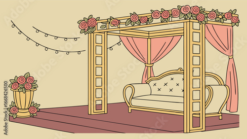 Elegant wedding stage decoration ideas with floral arrangements and luxury couch for event design inspiration