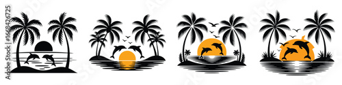 Black and white silhouette of a tropical palm tree with an abstract butterfly in a summer paradise vacation