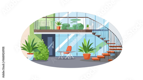 Modern interior design with staircase and plants indoor office space for architecture and real estate design