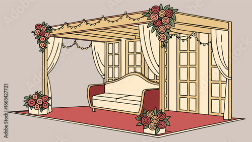 Elegant wedding stage decoration with floral arrangements and draped curtains design concept vector art