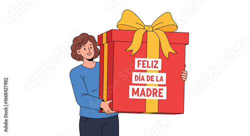 A woman happily embraces a large gift box, celebrating Mother's Day with a Spanish inscription.